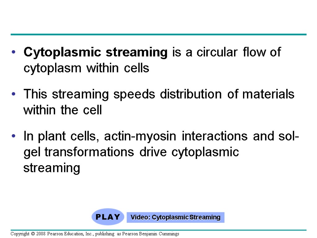Cytoplasmic streaming is a circular flow of cytoplasm within cells This streaming speeds distribution